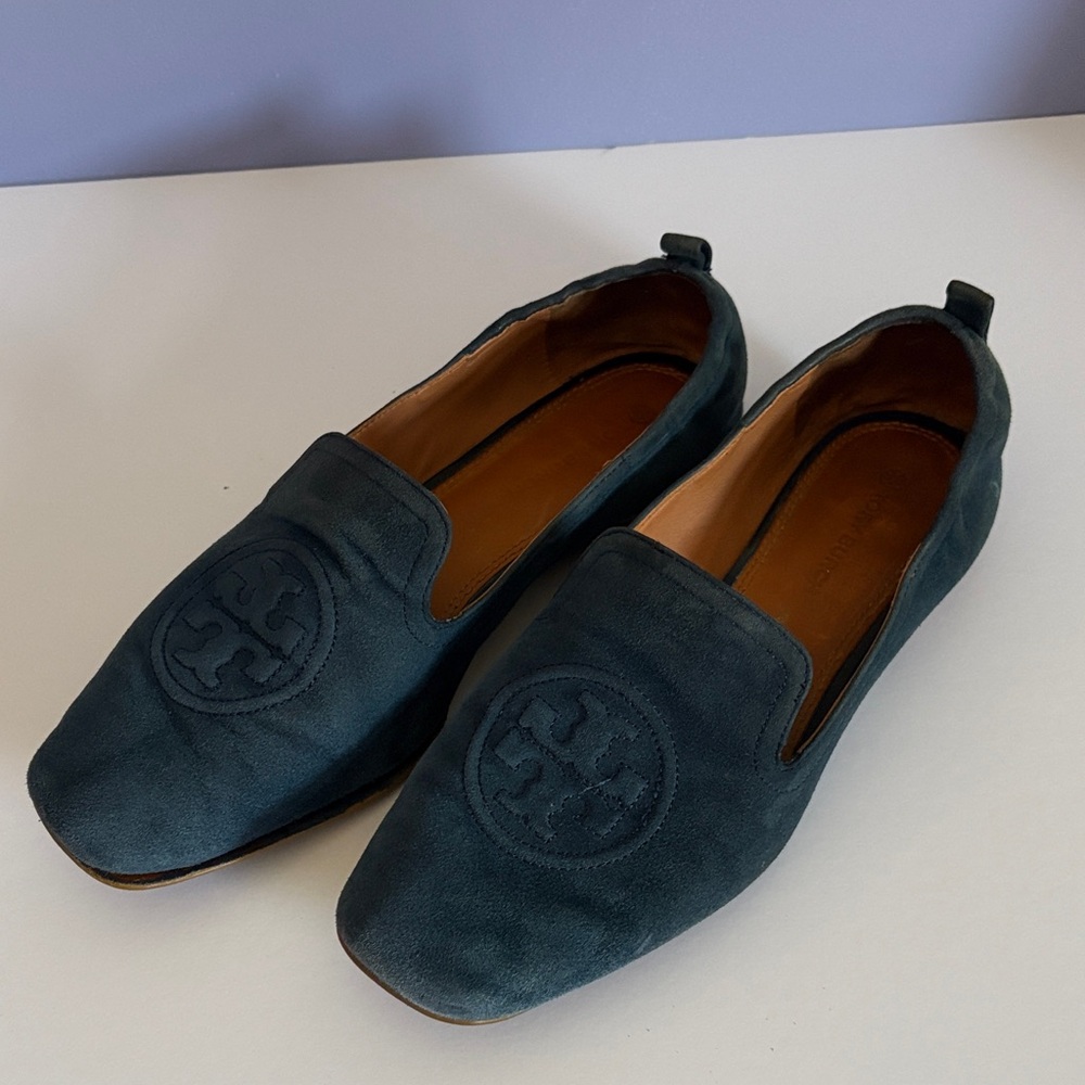 Tory Burch Leigh Suede Logo Slip-On Loafers